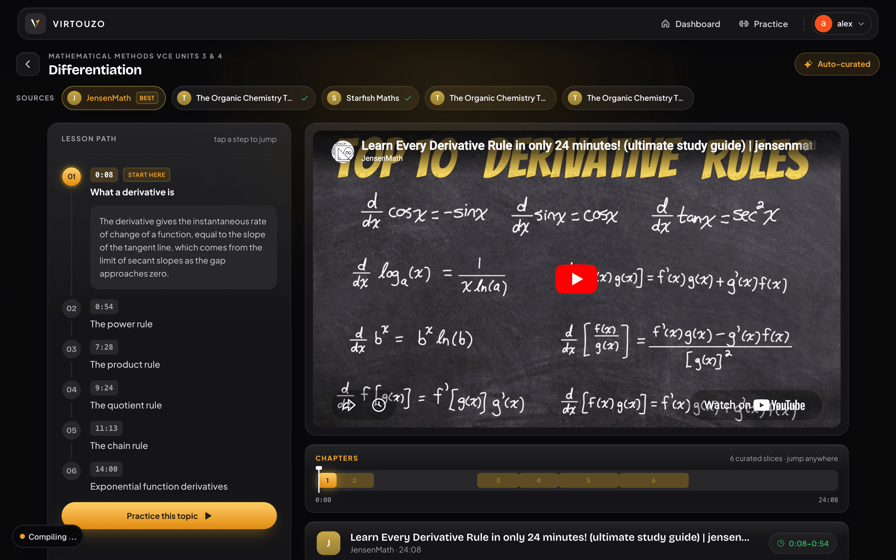 Virtouzo auto-building a chaptered video lesson for Differentiation from the clearest sources on the web (dark mode)