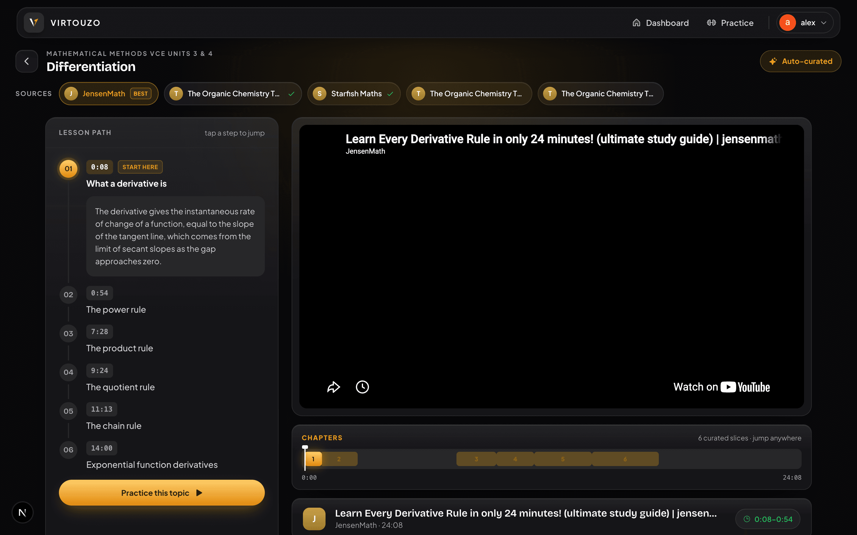 Virtouzo auto-building a chaptered video lesson for Differentiation from the clearest sources on the web (dark mode)