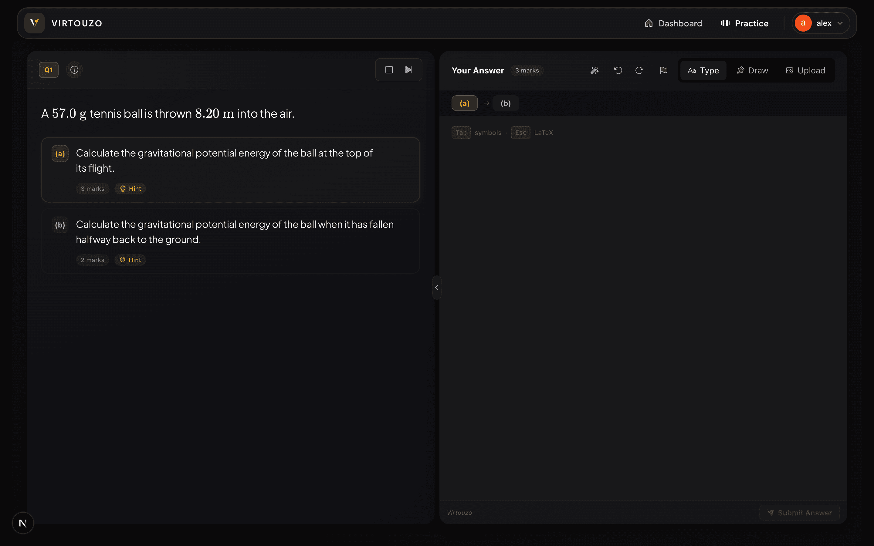 A live Virtouzo practice session — a multi-part physics question with hints and a maths editor (dark mode)