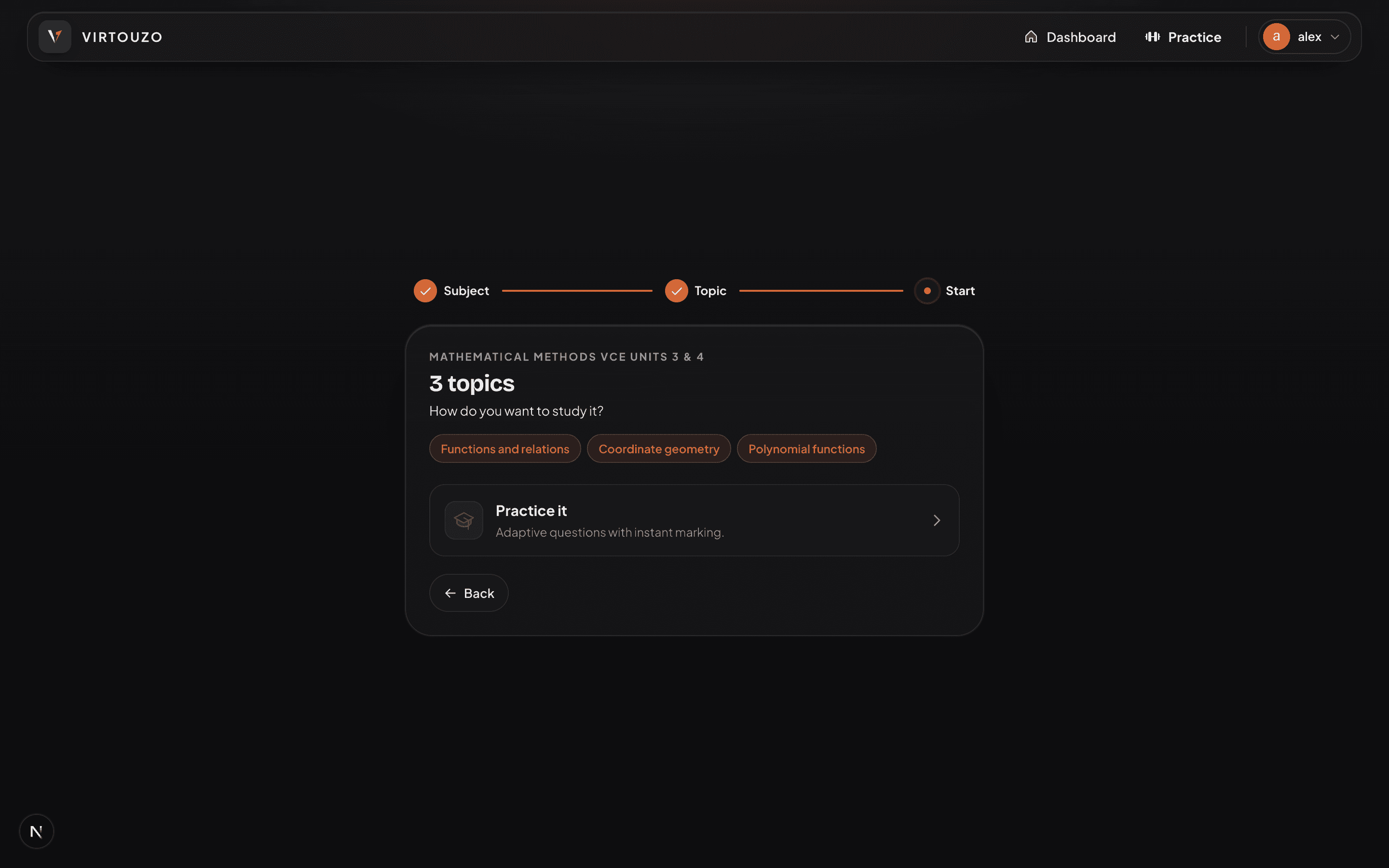 Building a practice session in Virtouzo — choosing a subject and stacking topics (dark mode)