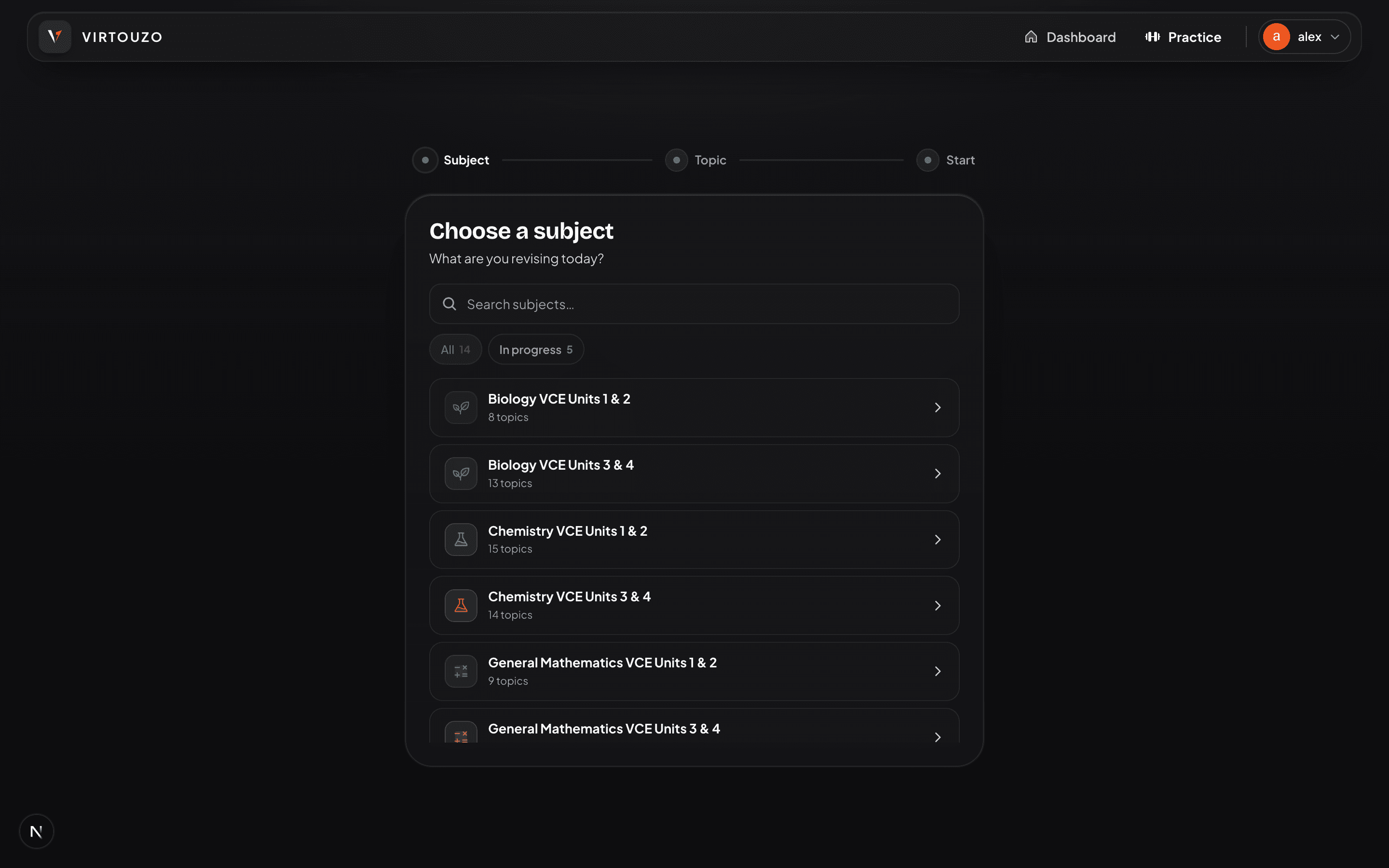 Building a practice session in Virtouzo — choosing a subject and stacking topics (dark mode)