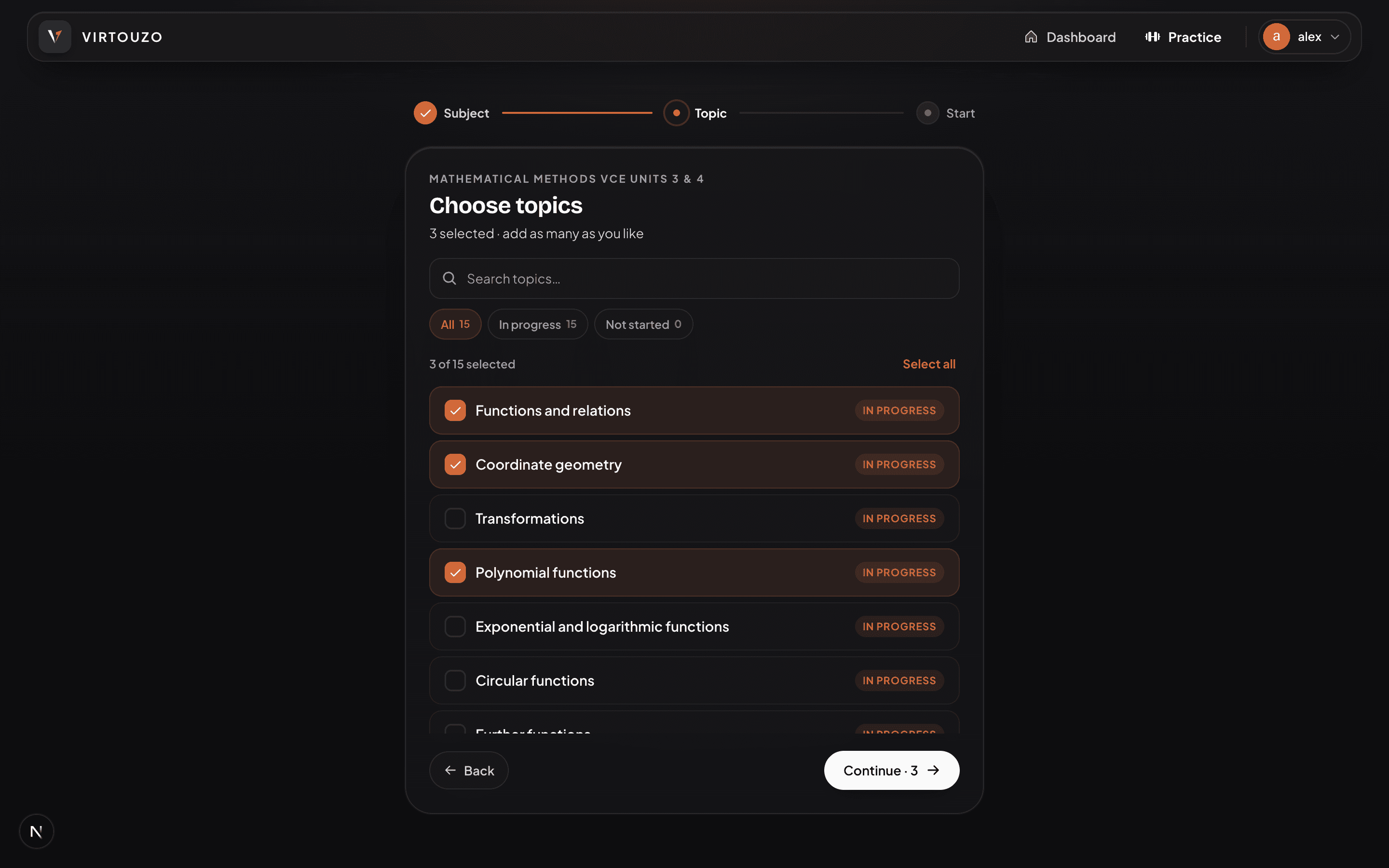 Building a practice session in Virtouzo — choosing a subject and stacking topics (dark mode)